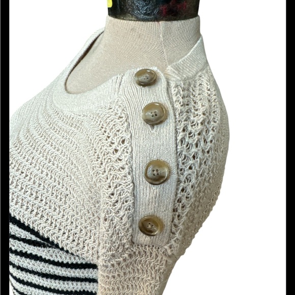 Ann Taylor LOFT Open Weave Boat Neck Beige Blue Striped Women’s Medium - Picture 3 of 5